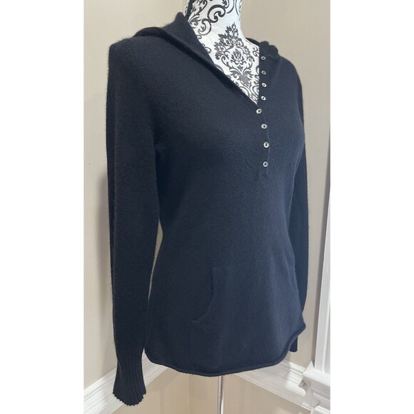 Vintage Henley Hoodie Cashmere Sweater Womens L Kangaroo Pouch Black Y2K Preppy - Picture 7 of 13